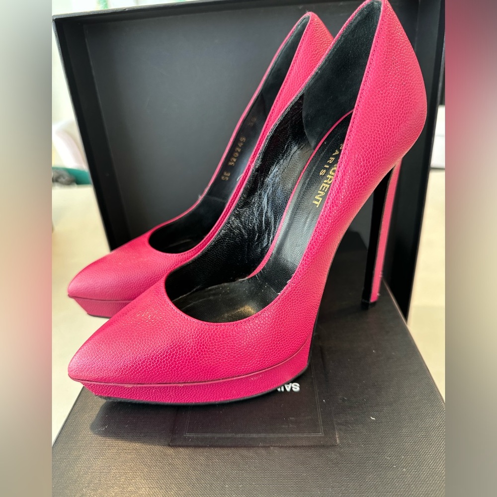 Saint Laurent Pink Textured Leather Janis Platform Pointed Toe Pumps